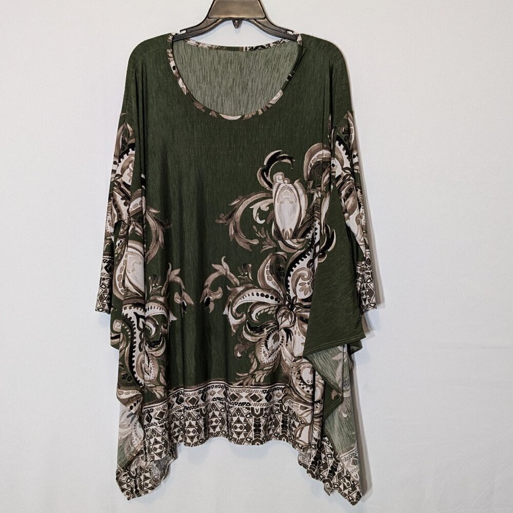 Sage Green Paisley Oversized Poly Knit Hi-Low Tunic Top; 3/4 Sleeves; Size XL